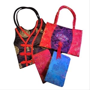 Two brocade fabric purses and two notebooks